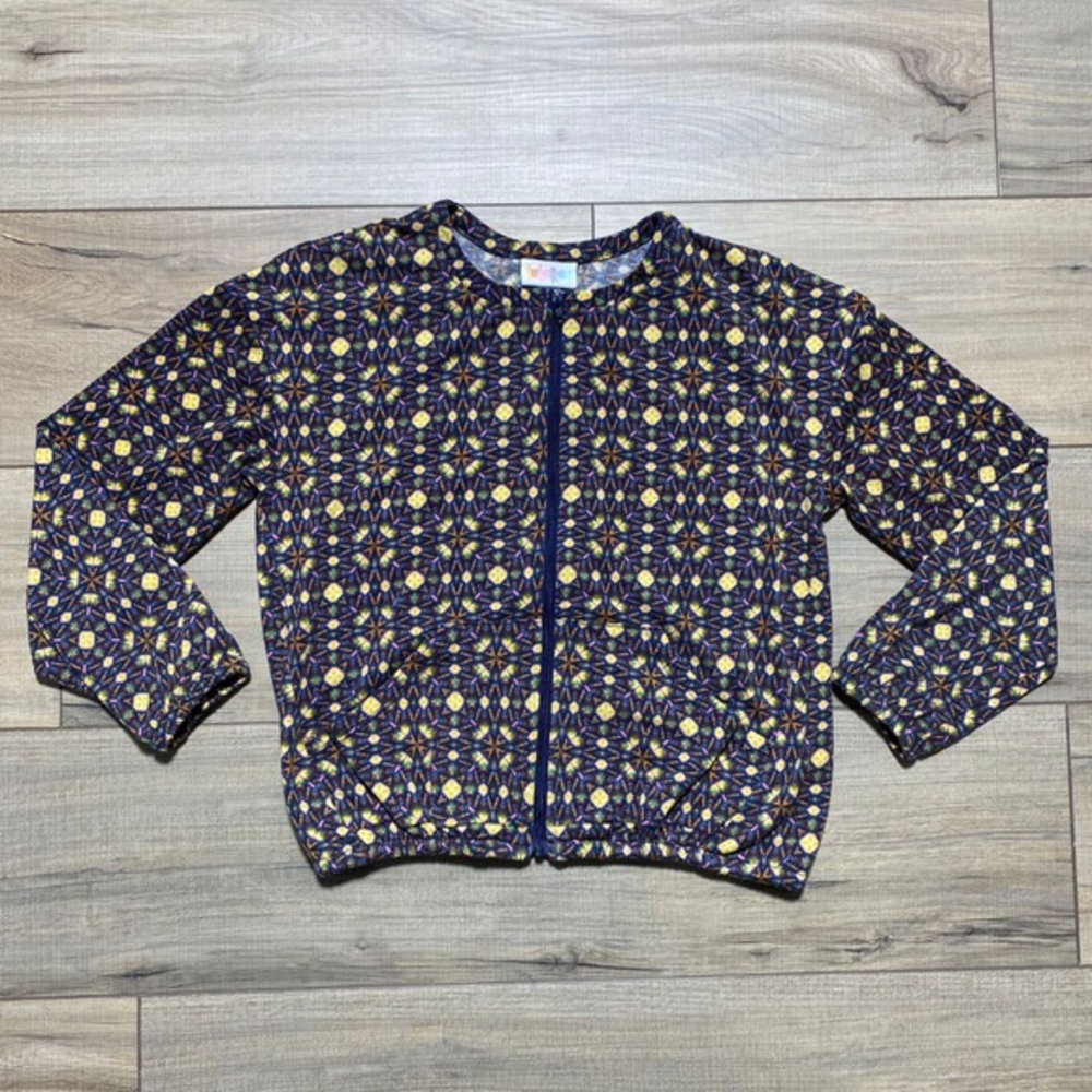 LuLaRoe Girls Monroe Jacket Zip Up Pockets Elastic Waist Size 12 Purple Yellow